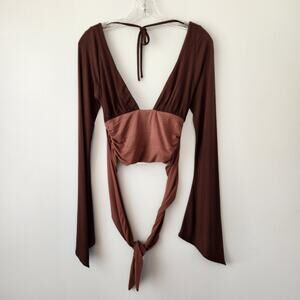 Outcast Top Women's S Brown Plunging Neckline Flare Sleeve Modern Sculpted Retro